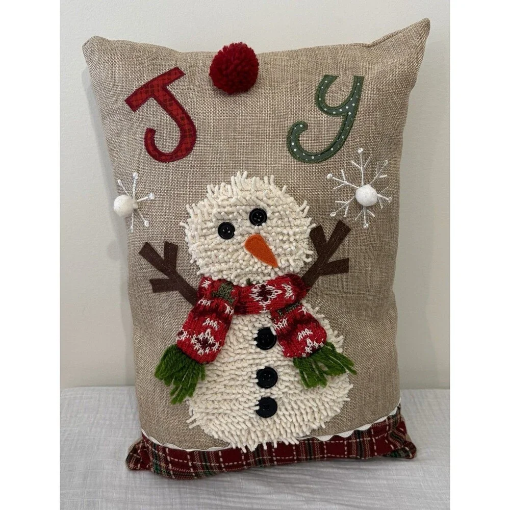 Cracker Barrel Christmas Pillow JOY Snowman Rustic Farmhouse Plaid/Burlap